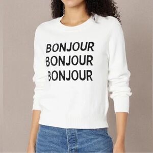 NWT Karl Lagerfeld "Bon Jour" white long sleeve Sweater black font